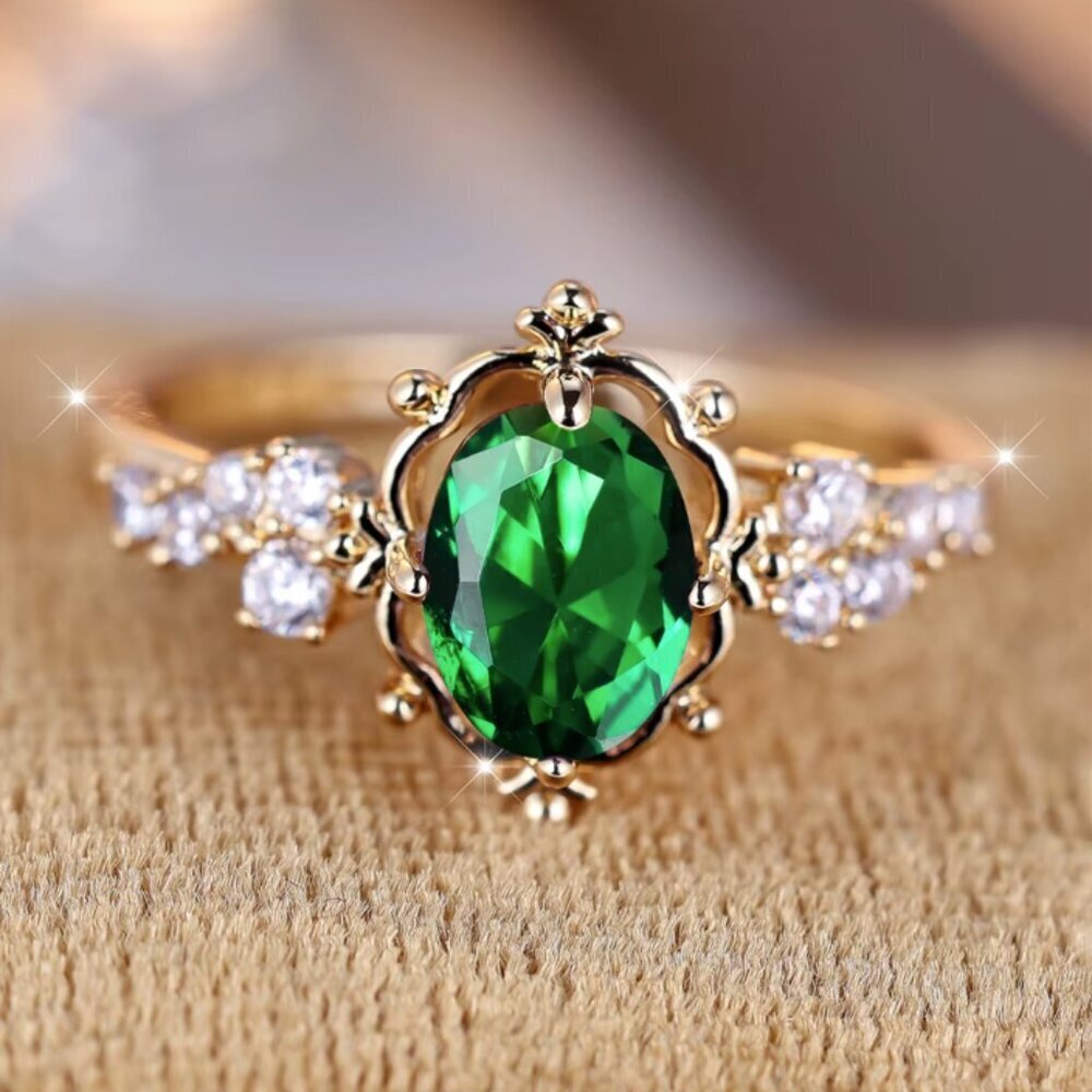 NEW 14k Yellow Gold Emerald Ring Band Oval Cut